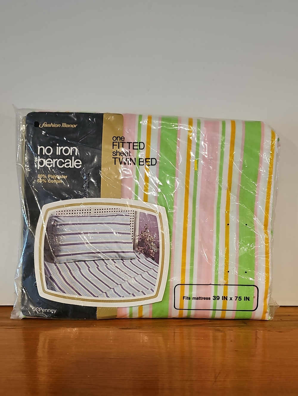 Fashion Manor No Iron Percale Striped Twin Fitted Sheet Green & Pink NWT